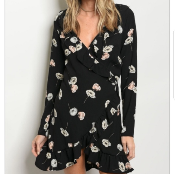 ❤316 Dresses & Skirts - Last 1  Black floral ruffled wrap dress